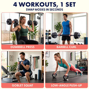 Squatz 4-In-1 Multifunctional 45 Lbs Adjustable Octagon Dumbbell Set With Barbell Connector, Kettlebell Handle, And Push-Up Handles For Home Gym Strength Training (Black And Navy)