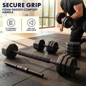 Squatz 4-In-1 Multifunctional 45 Lbs Adjustable Octagon Dumbbell Set With Barbell Connector, Kettlebell Handle, And Push-Up Handles For Home Gym Strength Training (Black And Navy)
