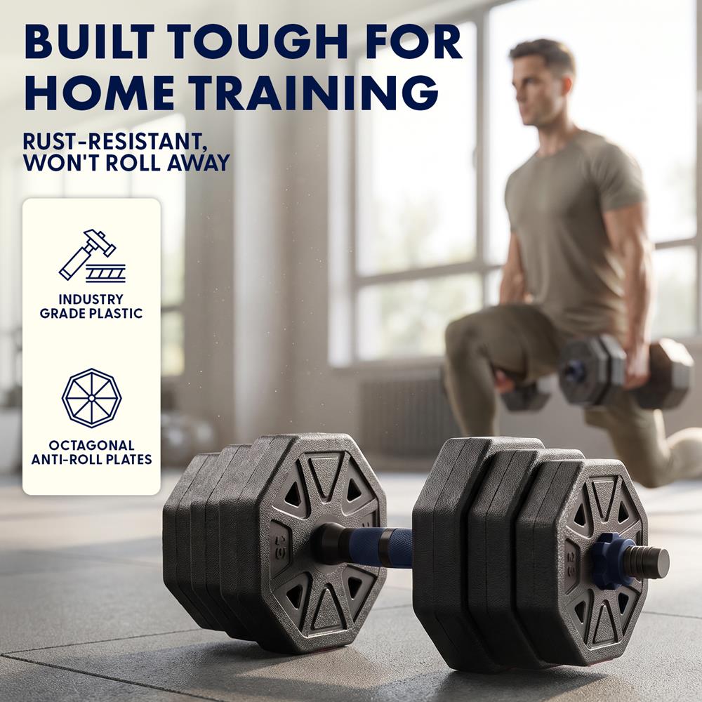 Squatz 4-In-1 Multifunctional 45 Lbs Adjustable Octagon Dumbbell Set With Barbell Connector, Kettlebell Handle, And Push-Up Handles For Home Gym Strength Training (Black And Navy)