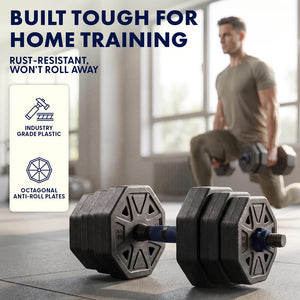Squatz 4-In-1 Multifunctional 45 Lbs Adjustable Octagon Dumbbell Set With Barbell Connector, Kettlebell Handle, And Push-Up Handles For Home Gym Strength Training (Black And Navy)