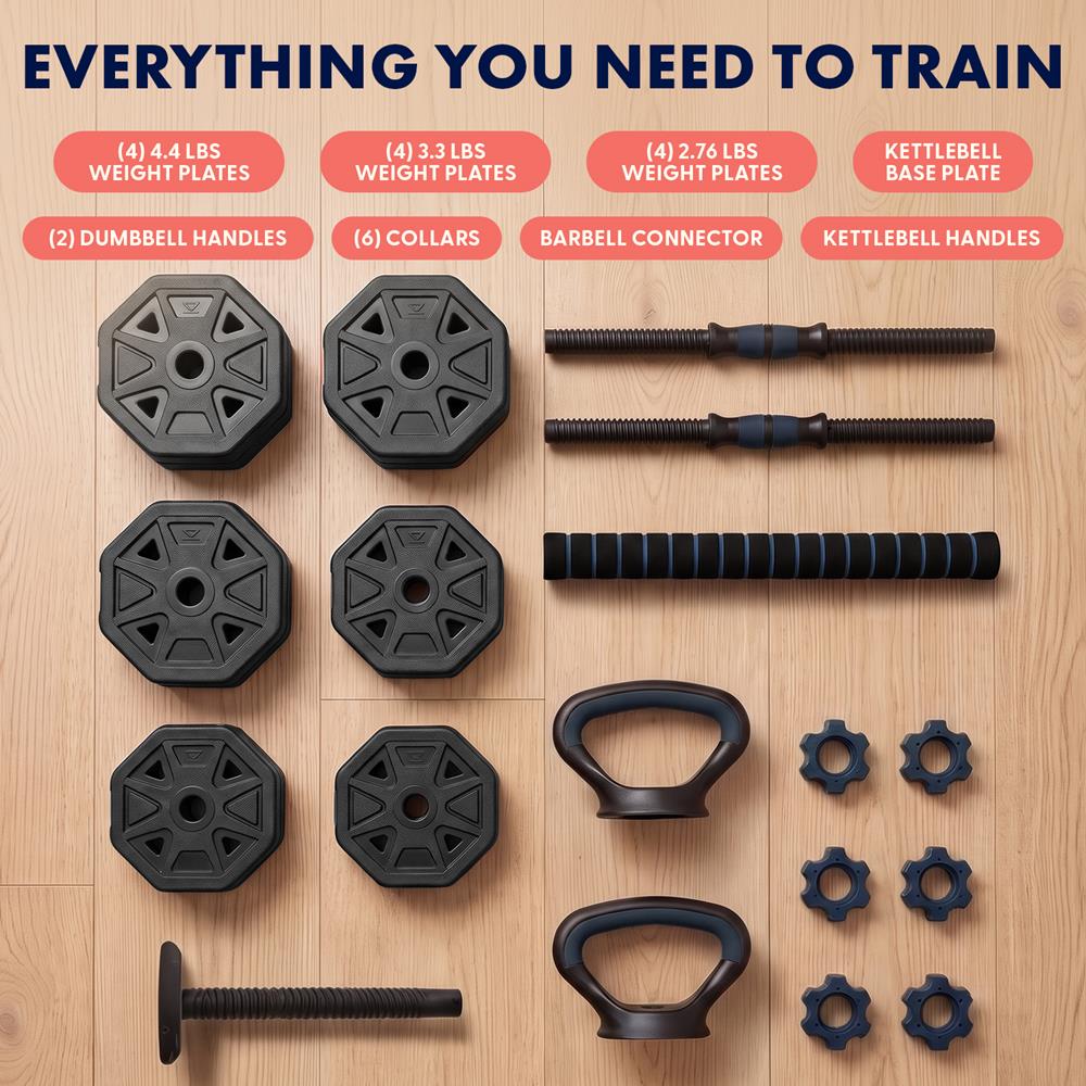Squatz 4-In-1 Multifunctional 45 Lbs Adjustable Octagon Dumbbell Set With Barbell Connector, Kettlebell Handle, And Push-Up Handles For Home Gym Strength Training (Black And Navy)