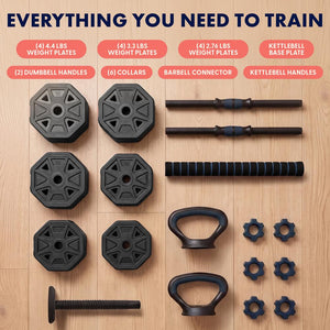 Squatz 4-In-1 Multifunctional 45 Lbs Adjustable Octagon Dumbbell Set With Barbell Connector, Kettlebell Handle, And Push-Up Handles For Home Gym Strength Training (Black And Navy)