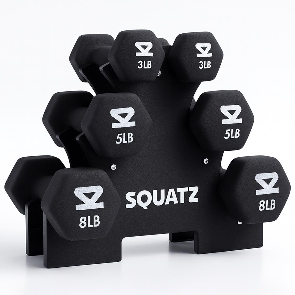 Neoprene Dumbbell Set With Stand – 32 Lb Total (3, 5, 8 Lb Weights), Anti-Slip Hex Design, Compact Storage Rack Included (Black)