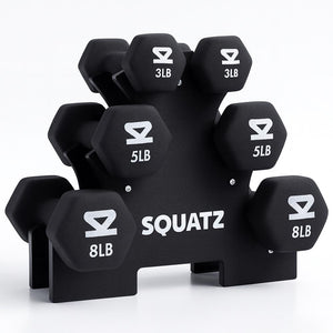 Neoprene Dumbbell Set With Stand – 32 Lb Total (3, 5, 8 Lb Weights), Anti-Slip Hex Design, Compact Storage Rack Included (Black)