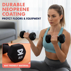 Neoprene Dumbbell Set With Stand – 32 Lb Total (3, 5, 8 Lb Weights), Anti-Slip Hex Design, Compact Storage Rack Included (Black)