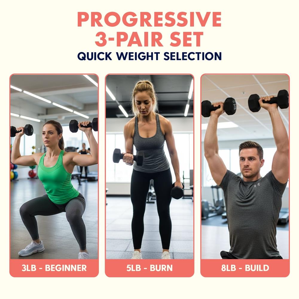 Neoprene Dumbbell Set With Stand – 32 Lb Total (3, 5, 8 Lb Weights), Anti-Slip Hex Design, Compact Storage Rack Included (Black)