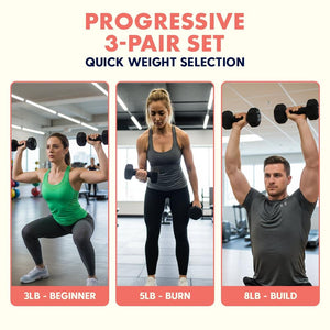 Neoprene Dumbbell Set With Stand – 32 Lb Total (3, 5, 8 Lb Weights), Anti-Slip Hex Design, Compact Storage Rack Included (Black)