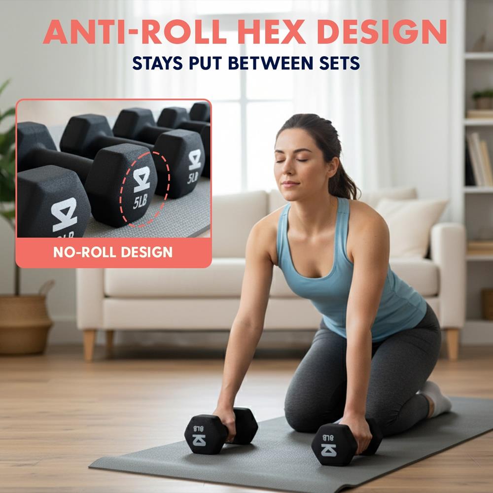 Neoprene Dumbbell Set With Stand – 32 Lb Total (3, 5, 8 Lb Weights), Anti-Slip Hex Design, Compact Storage Rack Included (Black)