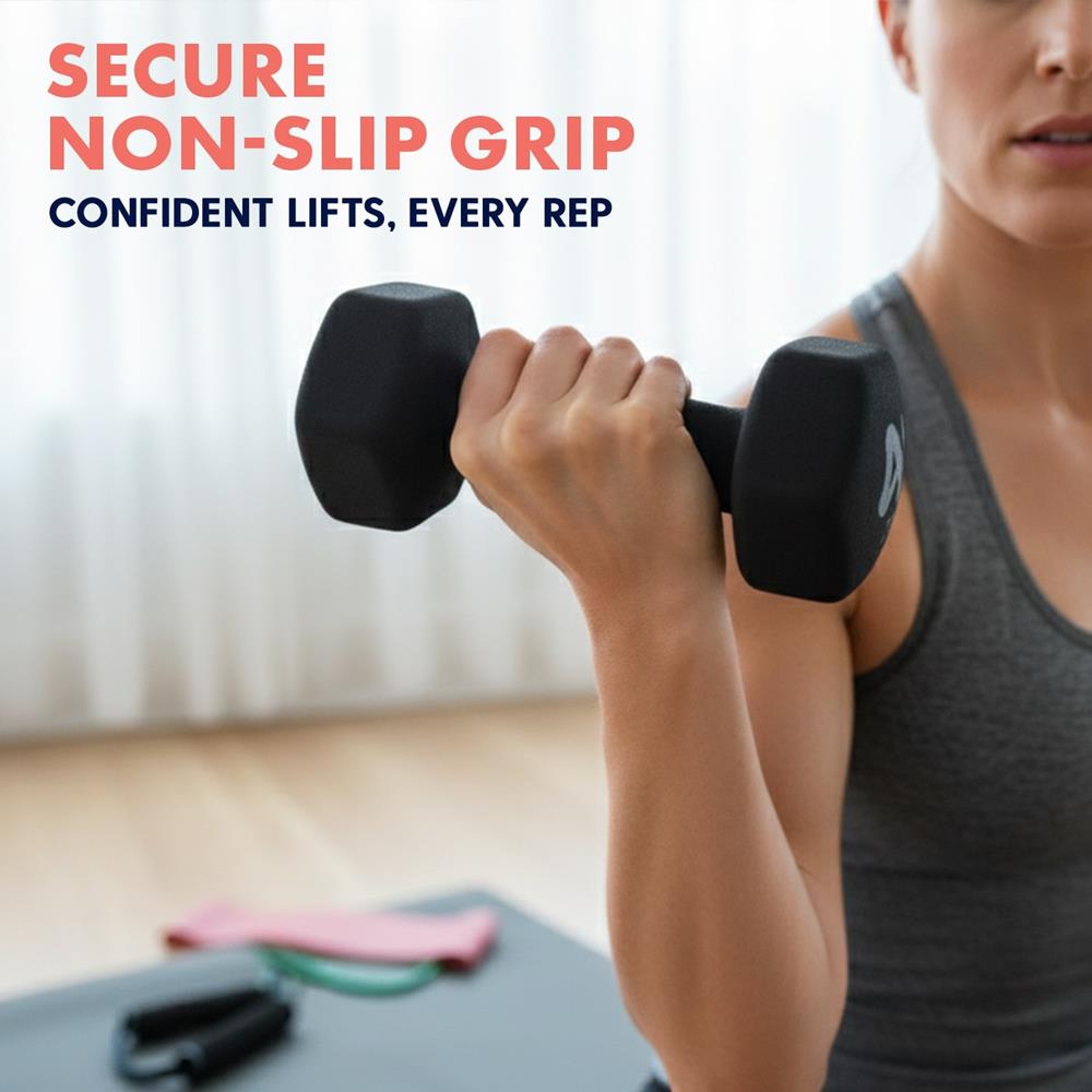 Neoprene Dumbbell Set With Stand – 32 Lb Total (3, 5, 8 Lb Weights), Anti-Slip Hex Design, Compact Storage Rack Included (Black)