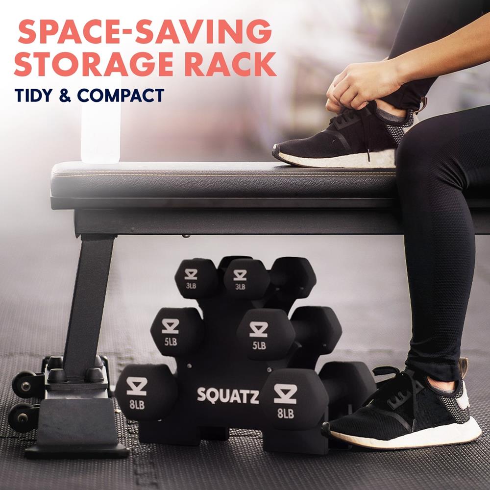 Neoprene Dumbbell Set With Stand – 32 Lb Total (3, 5, 8 Lb Weights), Anti-Slip Hex Design, Compact Storage Rack Included (Black)