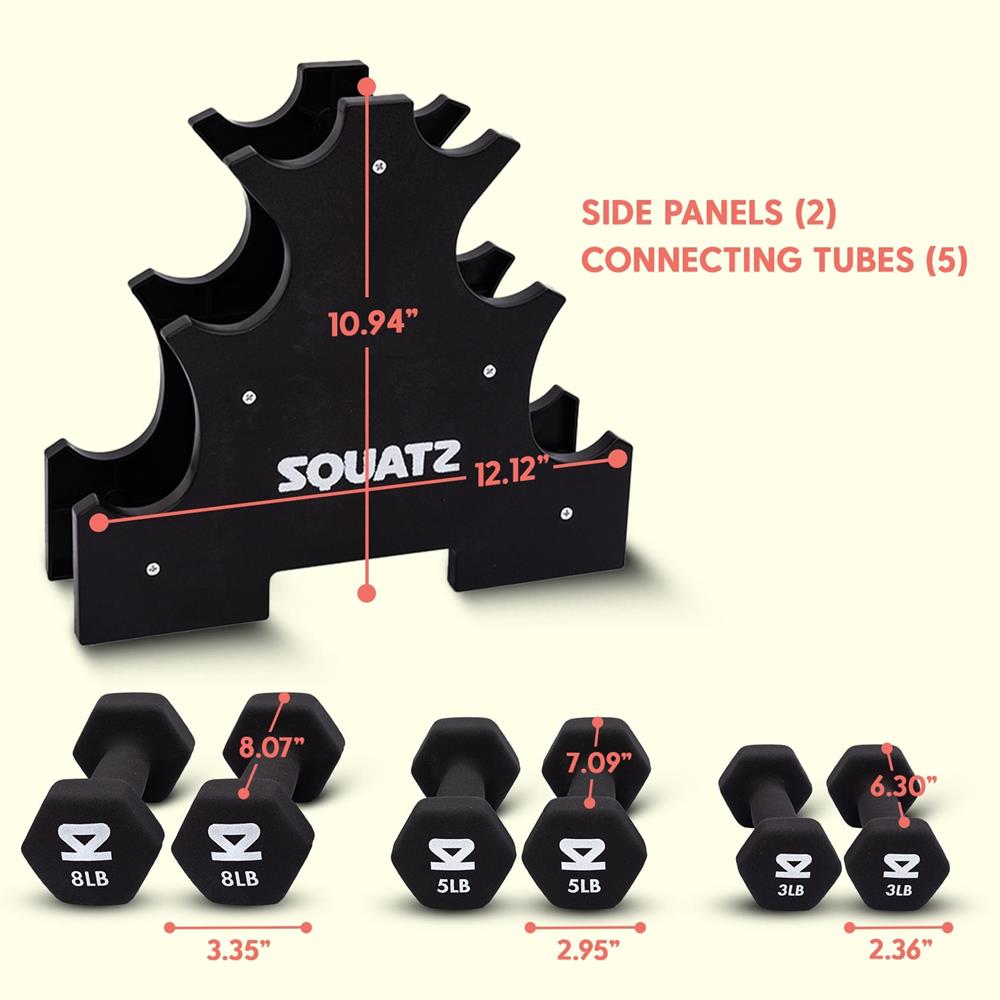 Neoprene Dumbbell Set With Stand – 32 Lb Total (3, 5, 8 Lb Weights), Anti-Slip Hex Design, Compact Storage Rack Included (Black)