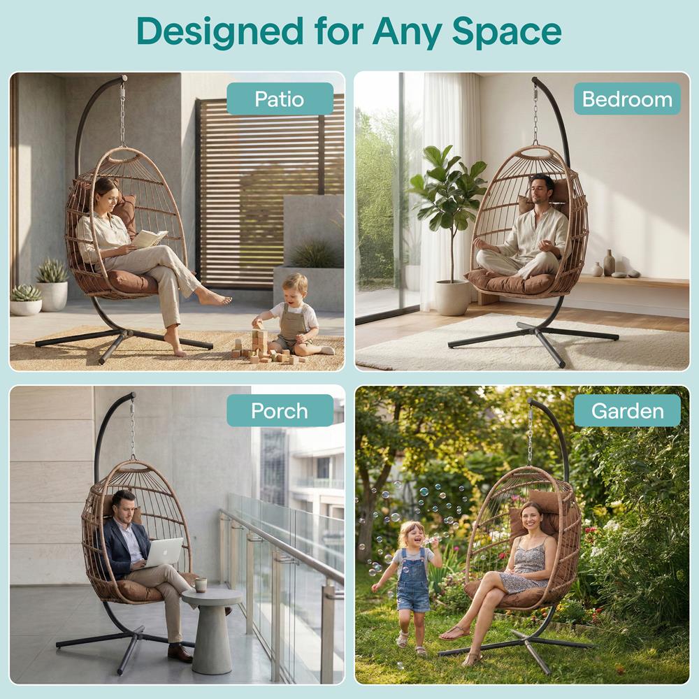 Foldable Egg Chair 350 lbs Capacity Rattan Wicker with Cushion Brown