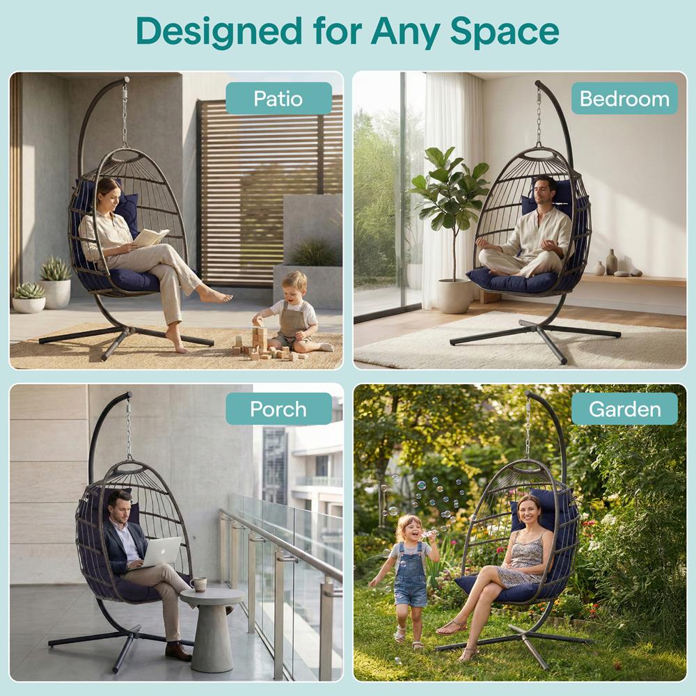 Foldable Egg Chair 350 lbs Capacity Rattan Wicker Deep Blue Cushion