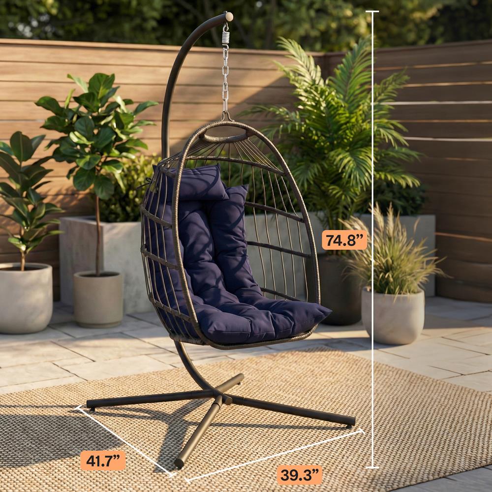 Foldable Egg Chair 350 lbs Capacity Rattan Wicker Deep Blue Cushion