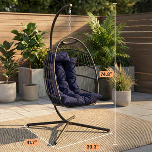 Foldable Egg Chair 350 lbs Capacity Rattan Wicker Deep Blue Cushion