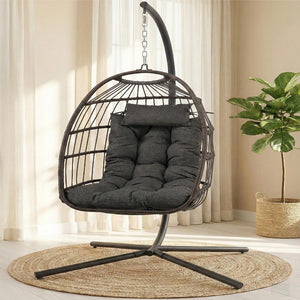 Foldable Egg Chair with Stand, 350 lbs Capacity, Rattan Wicker, Gray