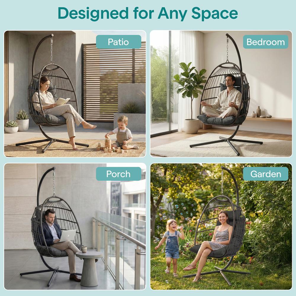 Foldable Egg Chair with Stand, 350 lbs Capacity, Rattan Wicker, Gray