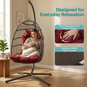 Foldable Egg Chair 350 lbs Capacity Rattan Wicker Red Cushion