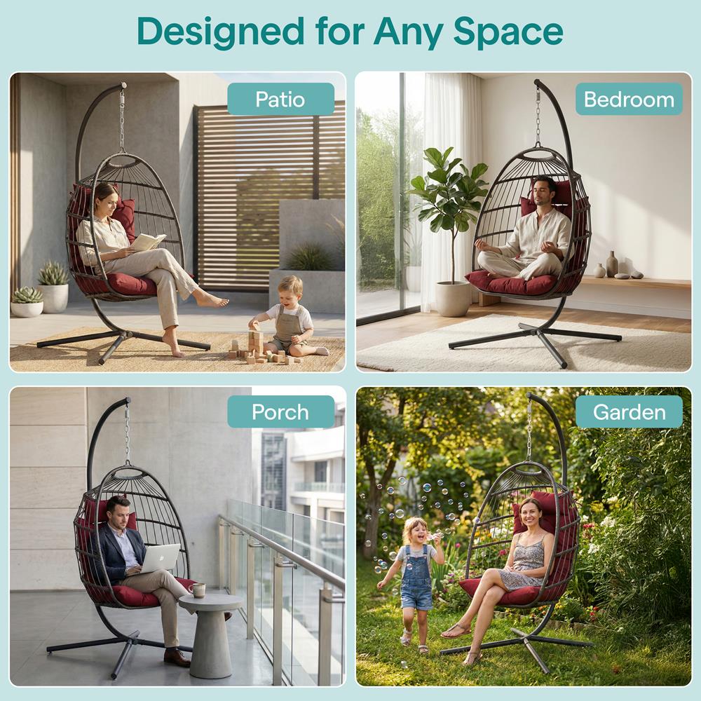 Foldable Egg Chair 350 lbs Capacity Rattan Wicker Red Cushion