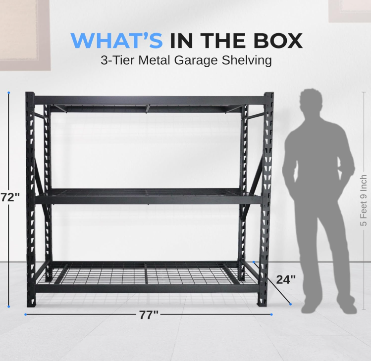 Extra Wide 3-Tier Metal Garage Shelving - Heavy-Duty Adjustable Storage Utility Rack, 2000 Lbs. Capacity Per Shelf (Black)