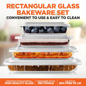 8-Piece Glass Baking Dish Set - Oven Safe, Borosilicate, White