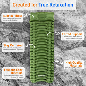 Sleeping Pad with Pillow - Fast Inflation, Tear-Resistant, Green