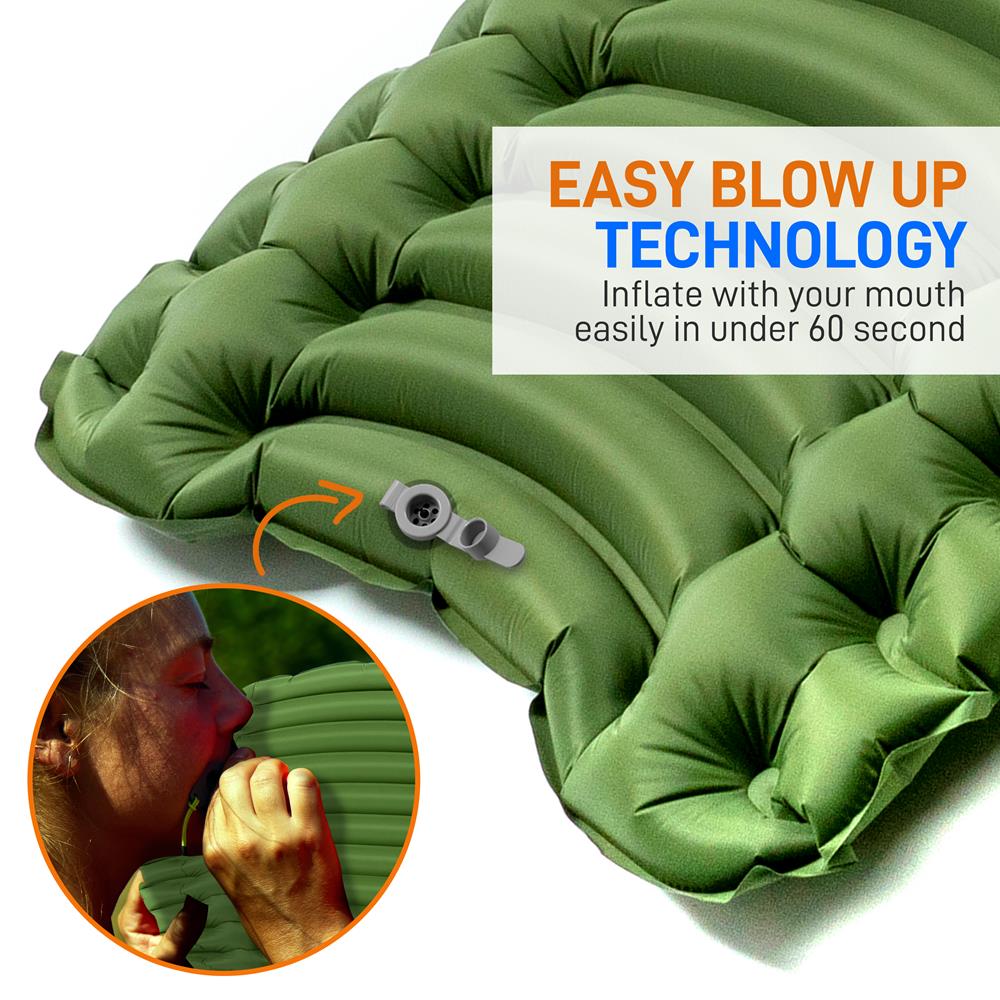 Sleeping Pad with Pillow - Fast Inflation, Tear-Resistant, Green